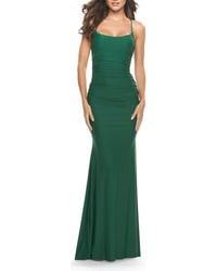 La Femme - Intricate Lace Up Back Jersey Gown With Ruching - Lyst