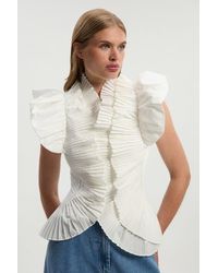 Karen Millen - Pleated Ruffle Sleeve Woven Top - Lyst