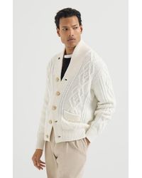 Brunello Cucinelli - Cashmere Feather Yarn Cable Knit Cardigan With Metal Buttons - Lyst
