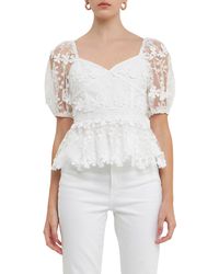 Endless Rose - Floral Lace Puff Sleeve Peplum Top - Lyst