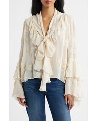 Mango - Blusa Gigi Floral Embroidered Tie Mock Neck Top - Lyst