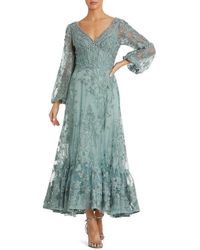 Mac Duggal - V Neck Mech Puff Sleeve A Line Embellished Dress - Lyst