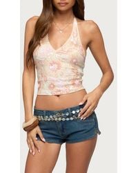 Edikted - Catia Sequin Mesh Strappy Open Back Halter Top - Lyst