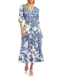 Fifteen Twenty - Floral Tiered Bubble Sleeve Button Front Maxi Dress - Lyst