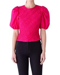 English Factory - Asymmetric Shirred Puff Sleeve Top - Lyst