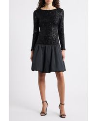 Eliza J - Sequin Bodice Long Sleeve Mixed Media Cocktail Dress - Lyst