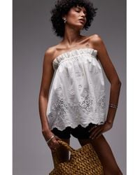 TOPSHOP - Lace Inset Strapless Cotton & Linen Top - Lyst