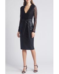 Bebe - Mixed Media Long Sleeve Lace & Faux Leather Dress - Lyst