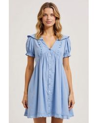 Modenaire - Button-Front Puff Sleeve Lace Trim Ruffle Detail Mini Dress - Lyst