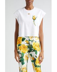 Dolce & Gabbana - Rose Appliqué Crop Cotton T-shirt - Lyst