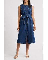 ZOE AND CLAIRE - Sleeveless Belted Denim Dress - Lyst