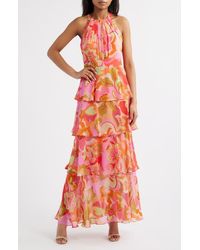 Eliza J - Floral Print Tiered Ruffle Sleeveless Maxi Dress - Lyst