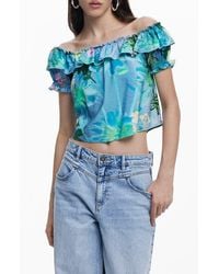Desigual - Ruffle Off The Shoulder Crinkle Satin Top - Lyst