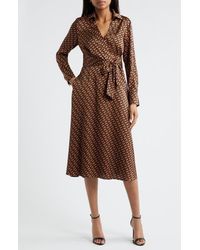 Tahari - Printed Long Sleeve Faux Wrap Matte Satin Shirtdress - Lyst