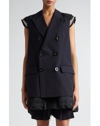 Sacai - Pinstripe Mixed Media Double Breasted Vest - Lyst