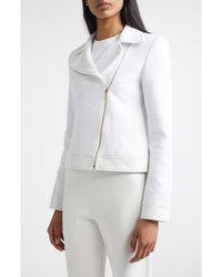 St. John - Leather Trim Matte Cotton Tweed Zip Jacket - Lyst