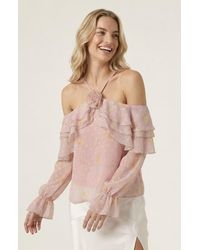 Modenaire - Sheer Cold-Shoulder Floral Applique Ruffle Trim Blouse - Lyst
