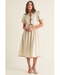 Modenaire - Midi Puff Sleeve Dress With Contrast Ties And Hemline Trim - Lyst