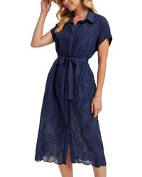 Knit & Lounge - Eyelet Button Front Tie Waist Short Sleeve Scalloped Hem Shirt Dress - Lyst