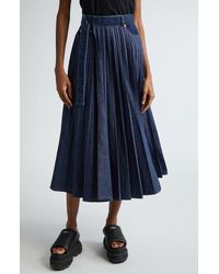 Sacai - Belted Pleated Denim Midi Skirt - Lyst