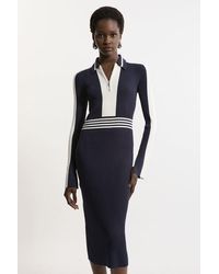 Karen Millen - Rib Knit Polo Zip Up Midi Dress - Lyst