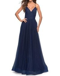 La Femme - Rhinestone Tulle Ballgown With Slit And Lace Up Back - Lyst