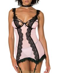 Dreamgirl - Lace Trim Underwire Basque With Garter Straps & G-string Thong - Lyst