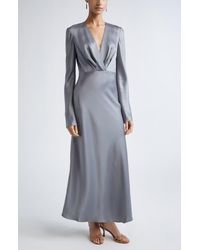St. John - Long Sleeve Satin V-Neck Dress - Lyst