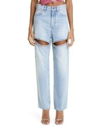 Area - Crystal Slit Cotton Denim Straight Leg Jeans - Lyst