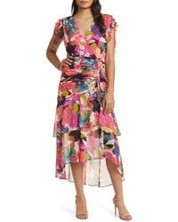 Tahari - Floral Side Ruched Chiffon Midi Dress - Lyst