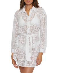 Becca - Long Sleeve Sheer Lace Cover-up Shirtdress - Lyst
