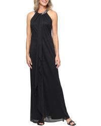 Sl Fashions - Embellished Halter Neck Sleeveless Glitter Gown - Lyst