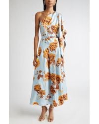 Oscar de la Renta - Peony One-Shoulder Silk Twill Midi Dress - Lyst
