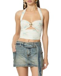 AFRM - Kirrily Ruched Embellished Cutout Crop Halter Top - Lyst