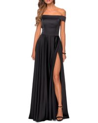La Femme - Satin Off The Shoulder Evening Dress With Pockets - Lyst