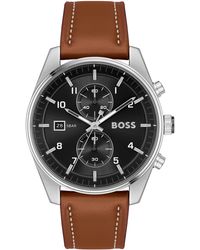 BOSS - Black-dial Chronograph Watch With Brown Leather Strap - Lyst