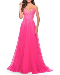 La Femme - A-Line Gown With Sheer Floral Embellished Bodice - Lyst