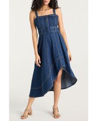 Cinq À Sept - Larsa Belted Sleeveless Asymmetric Denim Midi Dress - Lyst