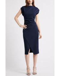 Nordstrom Ruched Funnel Neck Midi Dress in Blue | Lyst