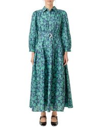 English Factory - Belted Tiered Print Long Sleeve Cotton Midi Dress - Lyst