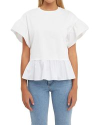 English Factory - Mixed Media Flutter Sleeve Peplum Cotton Top - Lyst