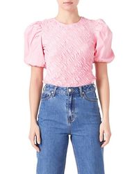 English Factory - Asymmetric Shirred Puff Sleeve Top - Lyst