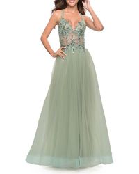 La Femme - Tulle A-Line Gown With Sheer Bodice And Beaded Lace Detail - Lyst