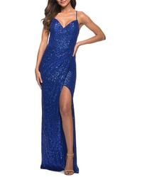 La Femme - Long Sequin Prom Dress With Open Lace Up Back - Lyst