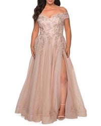 La Femme - Off The Shoulder Tulle Plus Size Gown With Lace - Lyst