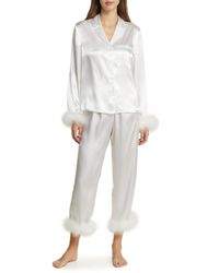 In Bloom - Feather Trim Satin Pajamas - Lyst