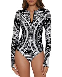 Trina Turk - Hula Floral Half Zip Long Sleeve One-piece Rashguard Swimsuit - Lyst
