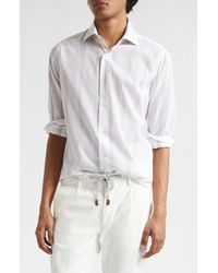 Eleventy - Double Stripe Cotton & Linen Button-up Shirt - Lyst