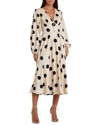 Mac Duggal - Polka Dot Charmeuse Long Sleeve V Neck Midi Dress - Lyst
