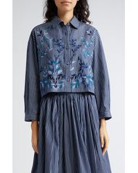 Loretta Caponi - Assia Floral Embroidered Stripe Crop Button-up Shirt - Lyst